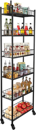 Utility Slim Storage Cart,6 Tier Narrow Kitchen Storage Cart,Laundry Room Carts,for Kitchen,DiningRoom,Living Room,Home Office,Rustic Brown and Classic (6 Tier Black)