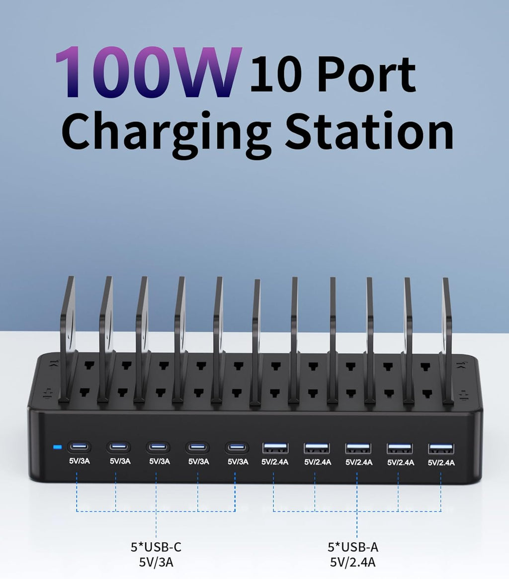100W Charging Station for Multiple Devices, 10-Port USB Fast Charging Station with Adjustable Dividers & 10 Cables- Multi Device Organizer Charging Dock for iPhone, iPad, Tablets & More