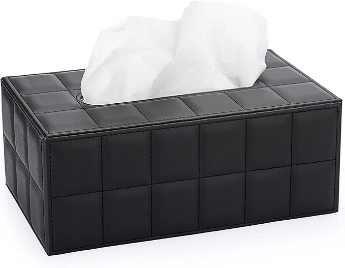 Sumnacon Rectangular Leather Tissue Box Cover - Stylish Tissue Box Holder with Magnetic Bottom, Decorative PU Tissue Box for Vanity Dresser Night Stand Table Countertop Home Office Car,Grid Black