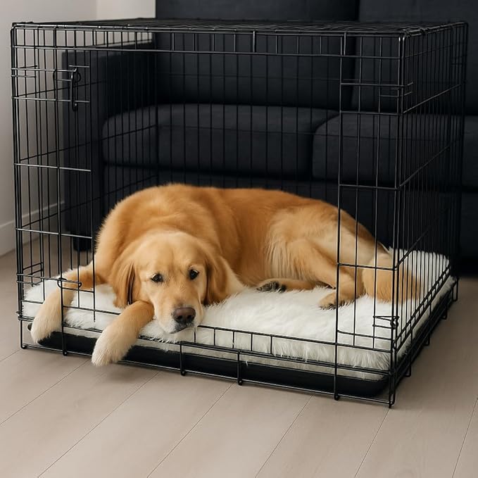 IHAPPYDOG Luxury Faux Fur Orthopedic Dog Beds, Memory Foam Crate Bed for Small, Medium, Large and XL Pets, Fluffy Pet Bed with Waterproof and Washable Cover, Fits Crates (White, 41"x27")