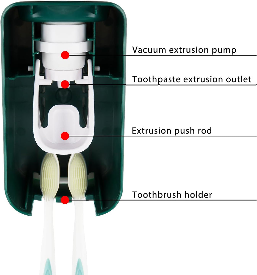 2 Slot Toothbrush Holder and Toothpaste Dispenser Wall Mounted, Automatic Toothpaste Squeezer, 2 in 1 Tooth Brush Toothpaste Organizer for Shower (Green 2Pack)