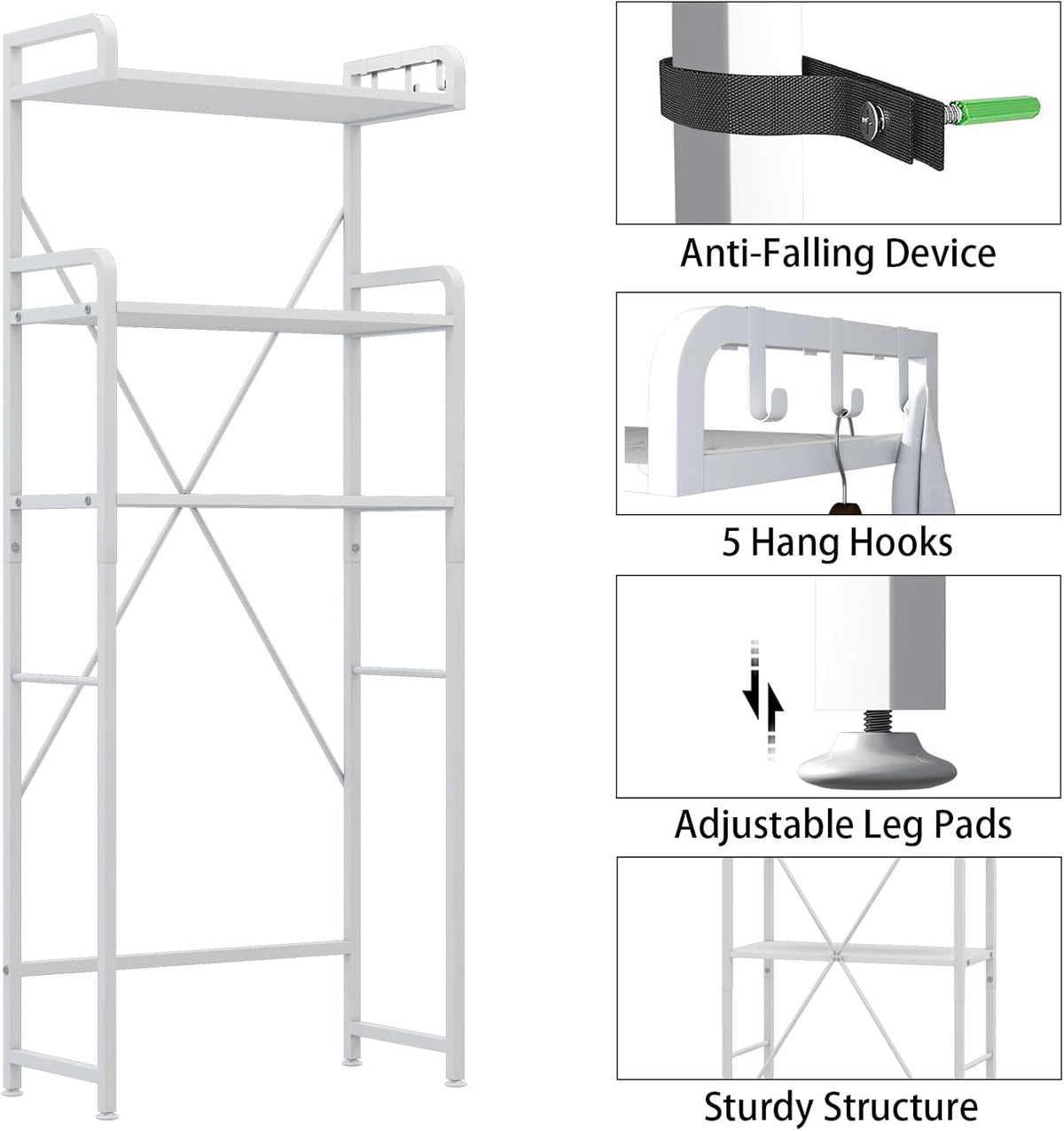 Over The Toilet Storage Rack with 3-Tier Bathroom Shelves, Space Saver Toilet Shelf, Bathroom Storage Organizer with Hooks for Over Toilet Storage and Shelf (White)