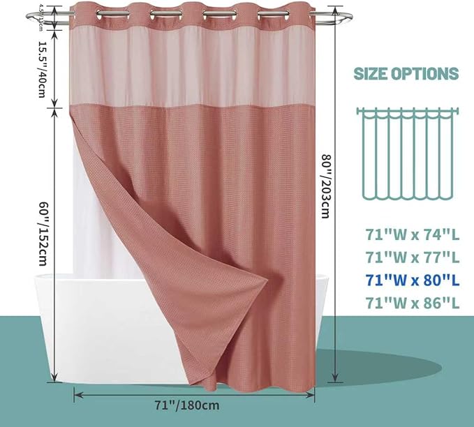 eachope Coral No Hook Waffle Weave Shower Curtain with snap-in Liner Replacement, 230GSM Waterproof Fabric Hotel Shower Curtain Set for Bathroom, Through Mesh Top Window,71Wx80H
