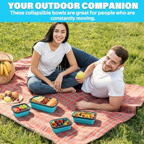 Decorwell 4 Collapsible Food Storage Containers, 12/17/27/40 oz Food-Grade Silicone Set, Leakproof Food Containers for Kitchen Office Camping Picnic, Blue