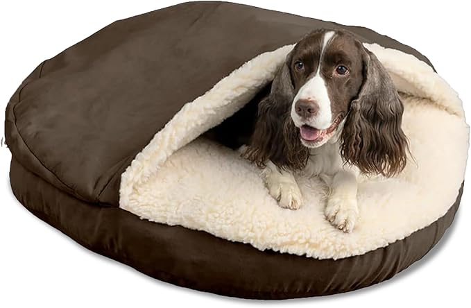 Snoozer Cozy Cave Dog Bed - Indoor Dog Bed with Cover Cave, Covered Calming Burrow for Small & Medium Sized Pets with Blanket Attached, Enclosed, Removable Washable Cover - Large, Hot Fudge