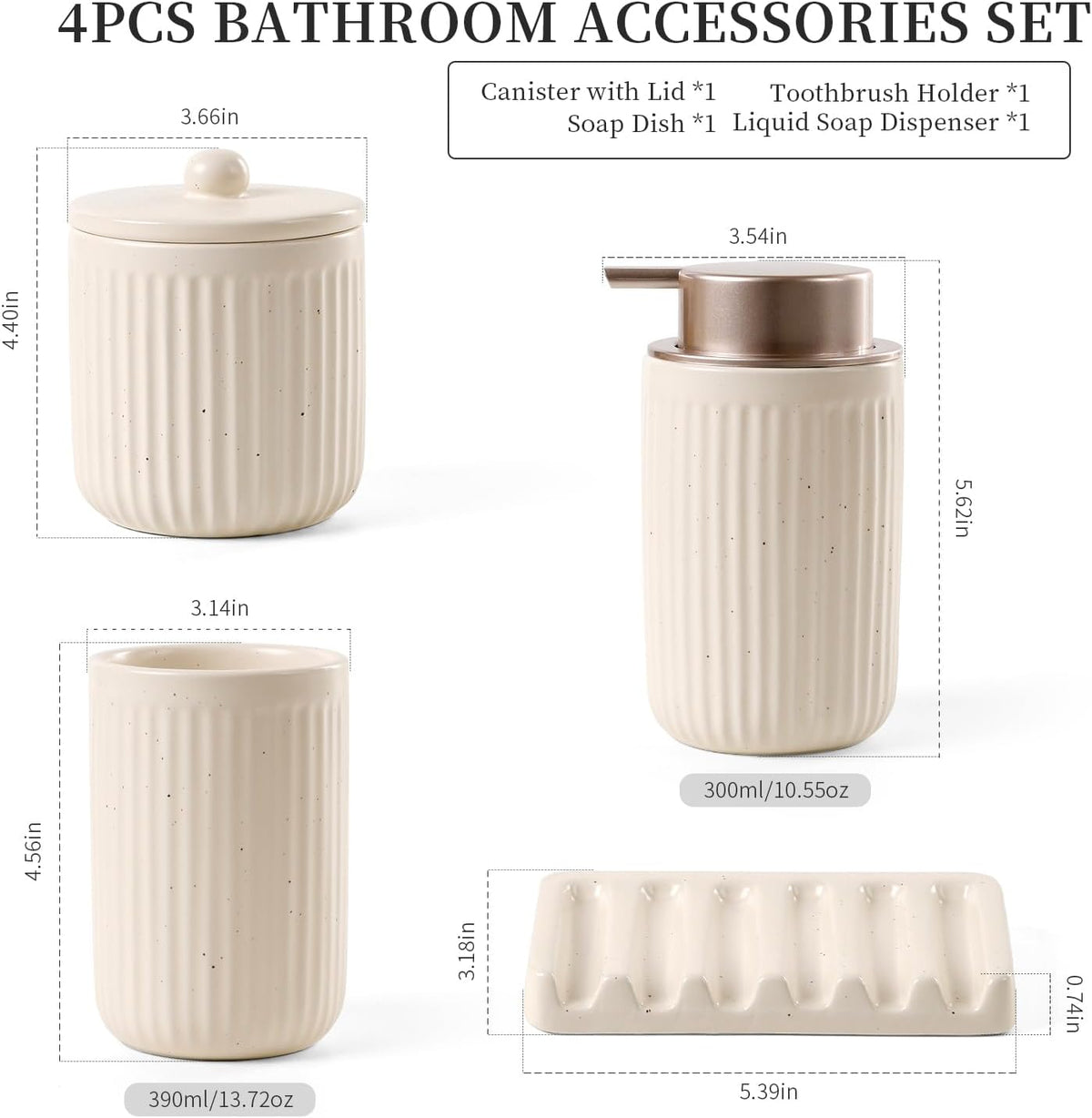 BosilunLife Bathroom Accessories Set - Ceramic Bathroom Set Bathroom Decor Sets Bathroom Counter Lotion Soap Dispenser and Toothbrush Holder Set, Soap Dish, Apothecary Jar (Striped Apricot)