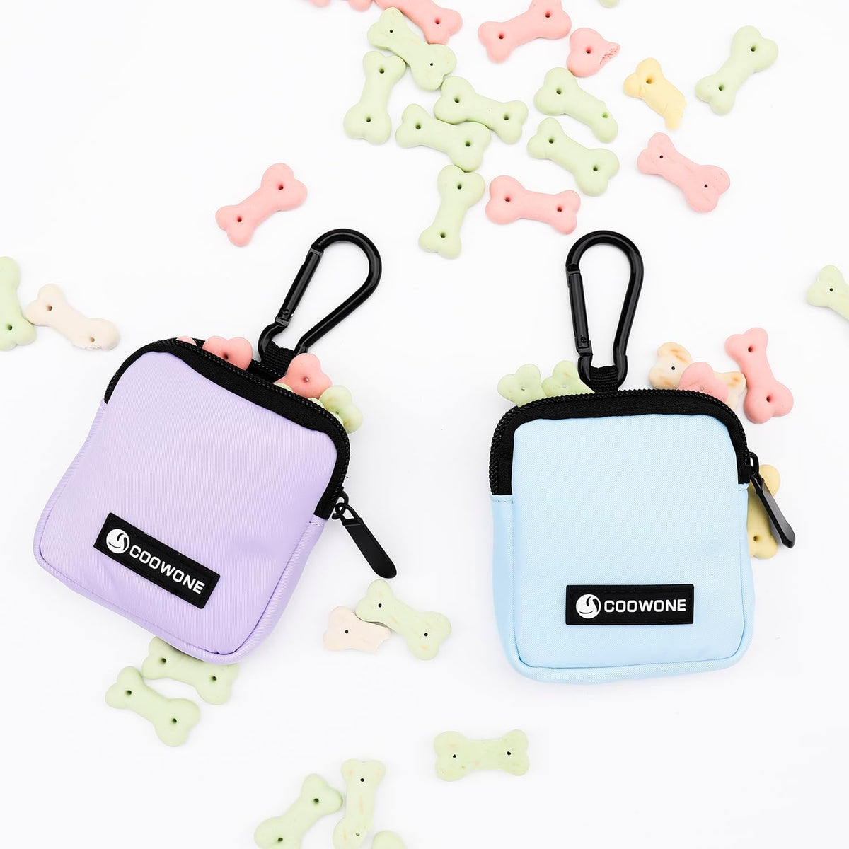Dog Treat Pouch 2 PCS, Waterproof Small Dog Treat Bag for Leash, Hands Free Puppy Walking Bag with Carabiner, Pet Poop Bag Holder for Pet Puppy Travel or Outdoor Use, Zipper Closure to Avoid Spilling