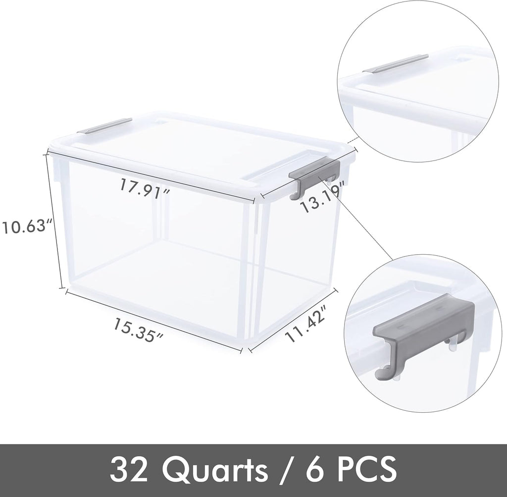 Citylife 6 Packs 32 QT Plastic Storage Bins with Lids Large Stackable Storage Containers for Organizing Clear Storage Box for Garage, Closet, Kitchen