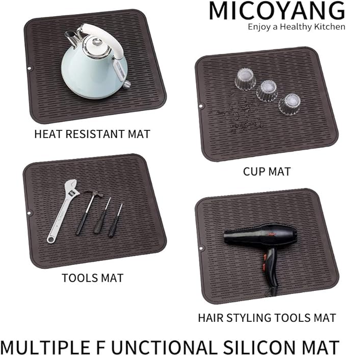 Silicone Dish Drying Mat for Multiple Usage,Easy clean,Eco-friendly,Heat-resistant Silicone Mat for Kitchen Counter or Sink,Refrigerator or Drawer Liner Coffee XL 18 inches x 16 inches