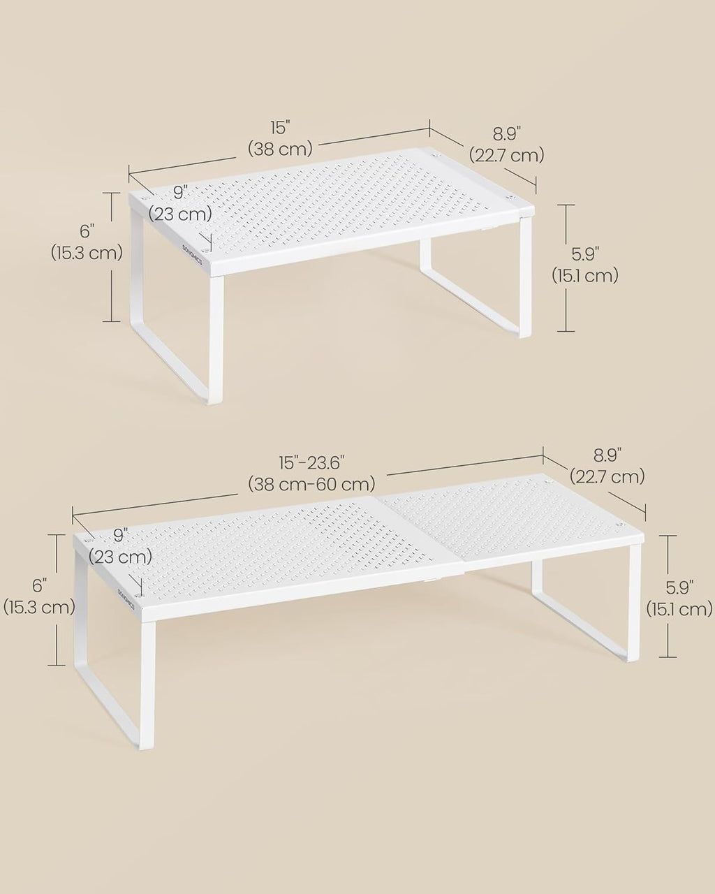 SONGMICS Expandable Pantry Kitchen Organizers, Adjustable Spice Rack, Stackable Cabinet Organizers, Metal, Space-Saving Tabletop Shelves, Matte White UKCS007W01