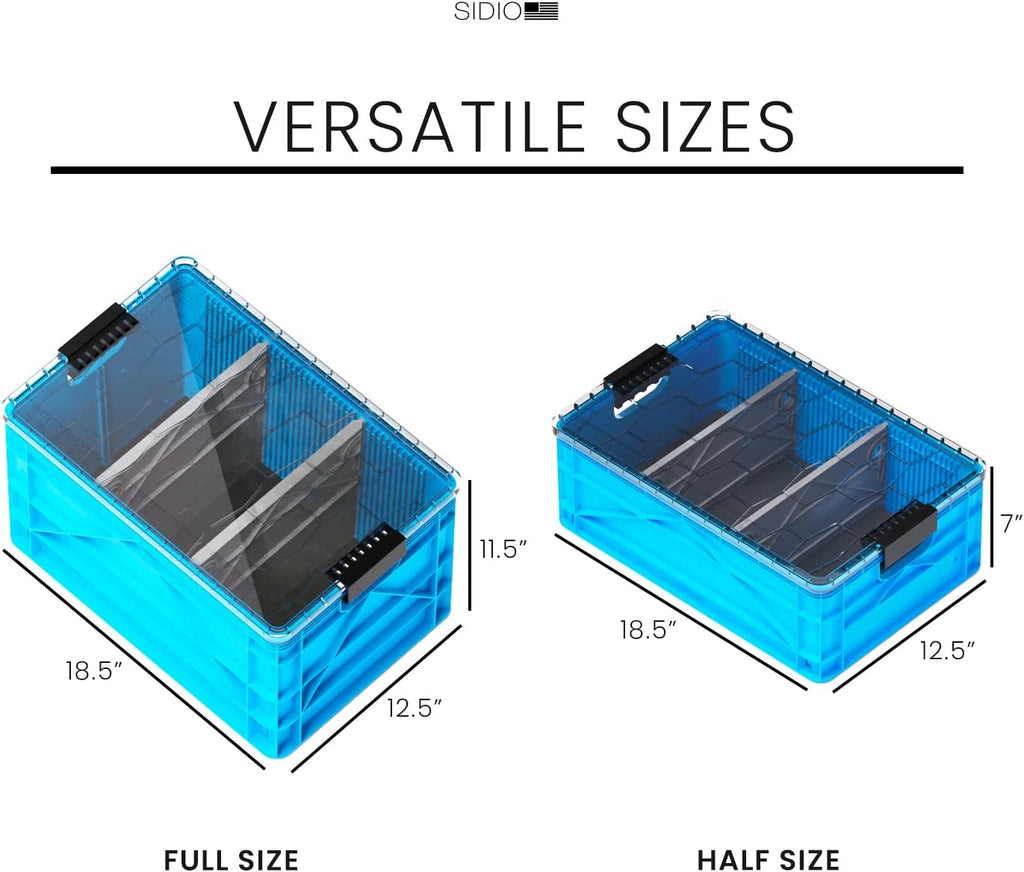 SIDIO Crate Pro Pack - 2 Full-Size & 1 Half-Size Heavy Duty Stackable Storage Bins, Totes and Containers with Lids and Dividers - Durable Plastic Organizer for Home, Office, Garage, and Outdoor Use