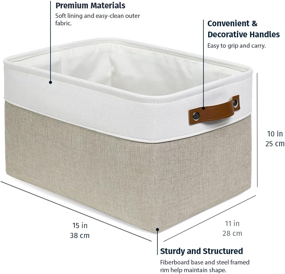 OrganiHaus Large Fabric Storage Baskets for Shelves 3 Pack, 15x11in Closet Storage Bins for Shelves, Canvas Baskets for Organizing, Linen Closet Organizers, Cloth Basket, Beige/Off-White