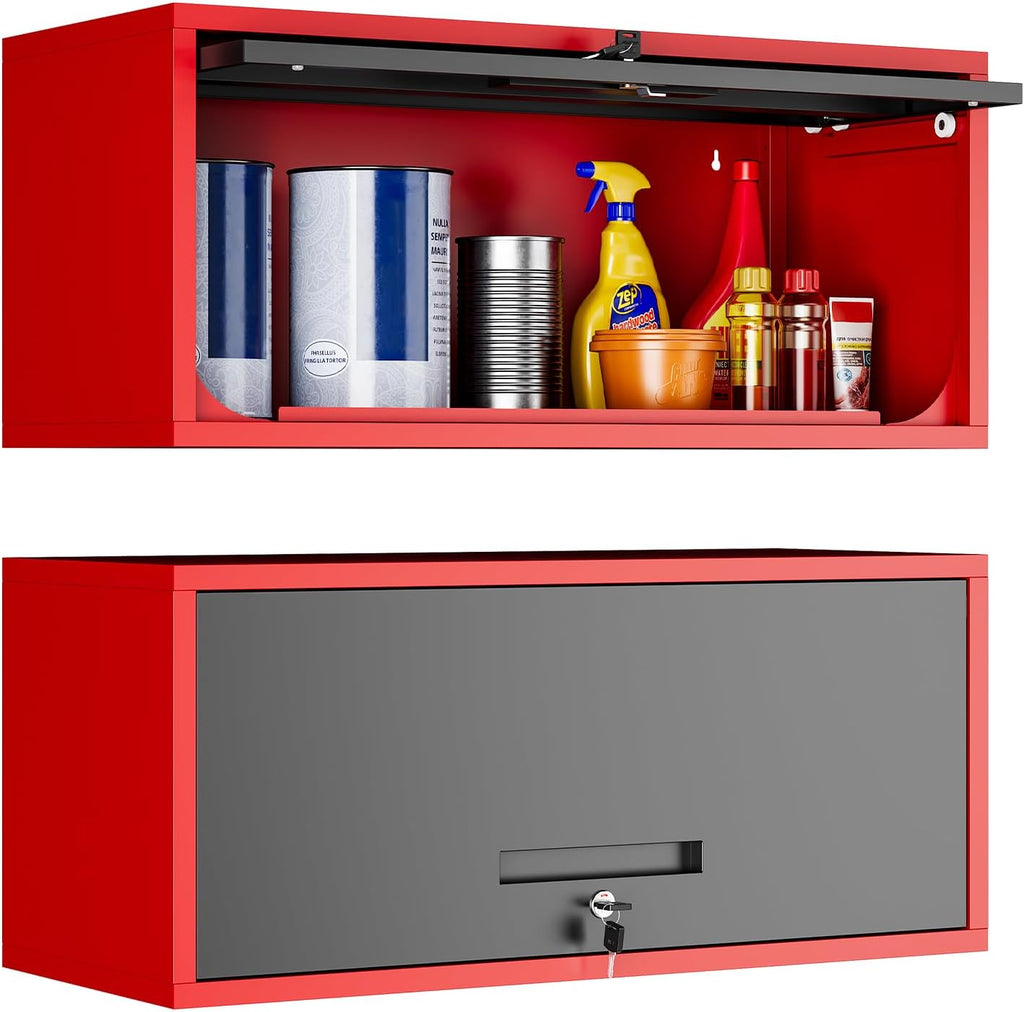 Yizosh Metal Wall Cabinet with Doors, Wall Mounted Storage Cabinet, Floating Tool Cabinet for Kitchen, Basement, Warehouse (Red Black, 13.7" H)