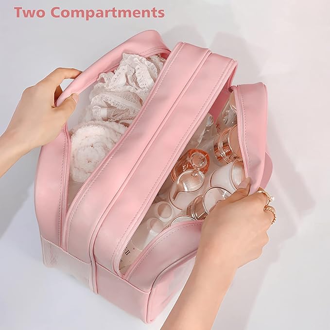 DAPOWER Travel Toiletry Bag for Women, Matte Translucent Toiletry Bag with Handy Handle, Makeup Cosmetic Organizer Bag for Travel Toiletries Accessories (Pink-XL)