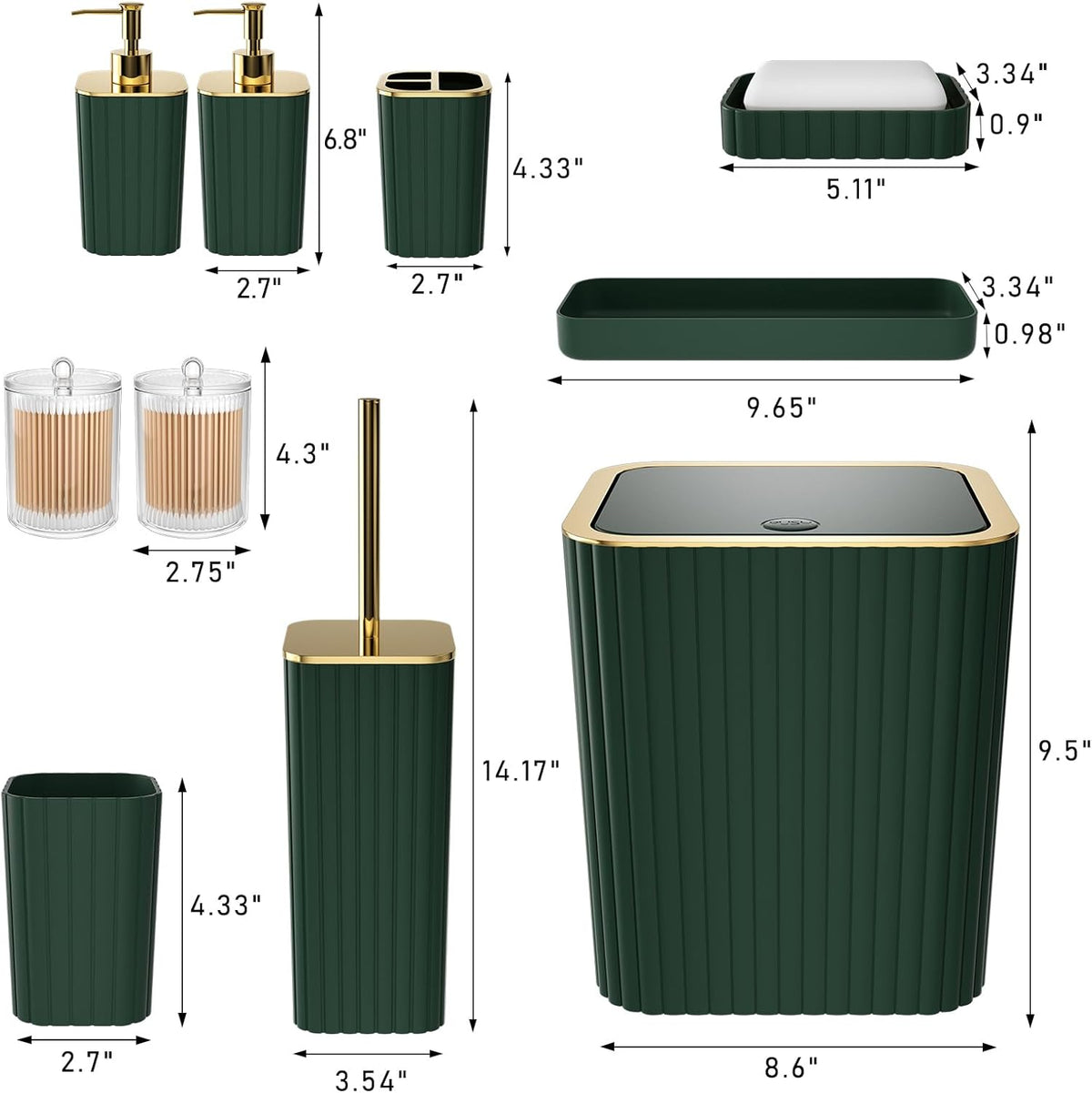 Bathroom Accessories Set - Gorgeous Green Bathroom Set, 10PC Green Bathroom Accessory Set, Bathroom Sets with Toilet Brush, Bathroom Trash Can