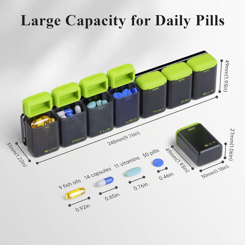Weekly Pill Organizer Magnetic, Removable Pill Box 7 Day 1 Time a Day, Large Pill Case Travel, Week Once Daily Medication Dispenser, Medicine Container Holder for Supplement Vitamin, Green