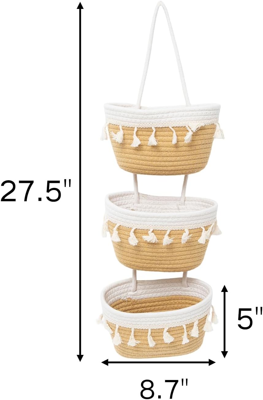 JJSQYLAN Over the Door Hanging Basket 3 Tier Small Woven Cotton Wall Hanging Organizer Bag Decorative Hanging Nursery Baskets Boho (Jute & White)
