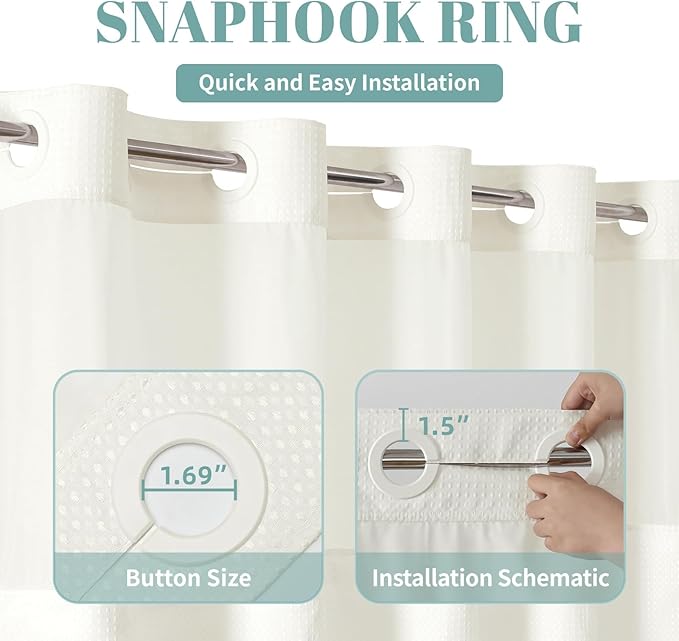 eachope Cream No Hook Waffle Weave Shower Curtain with snap-in Liner Replacement, 230GSM Waterproof Fabric Hotel Shower Curtain Set for Bathroom, Through Mesh Top Window,60Wx74H
