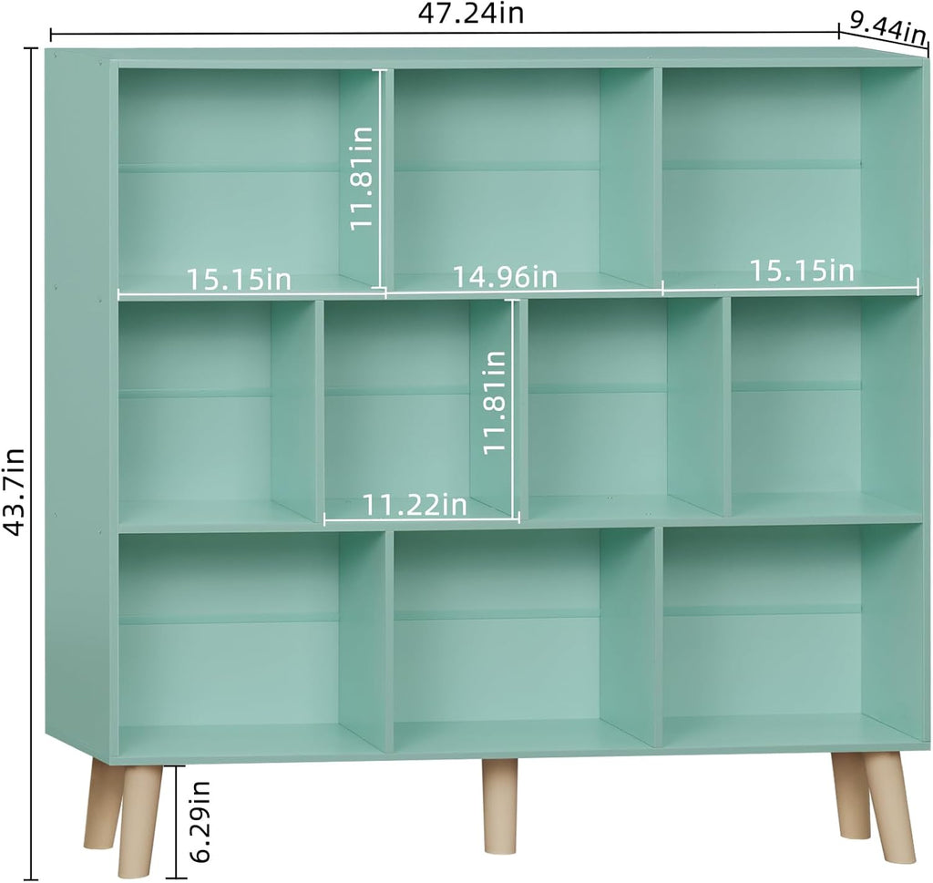 LEYAOYAO 10 Cube Bookshelf,3 Tier Modern Wide Bookcase with Legs,Mid-Century Wood Bookshelves Storage,Mint-Green Large Book Case,Freestanding Organizer Display Shelf for Bedroom,Living Room,Office
