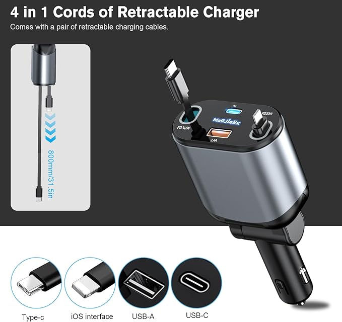 4 in 1 Retractable Car Charger, USB C Fast Charging Adapter[Max80W] with USB-i Cable&Dual Charge Port Compatible with iPhone 16/15/14/13/12/11 Pro Max Plus/iPad/AirPods,Galaxy,Google