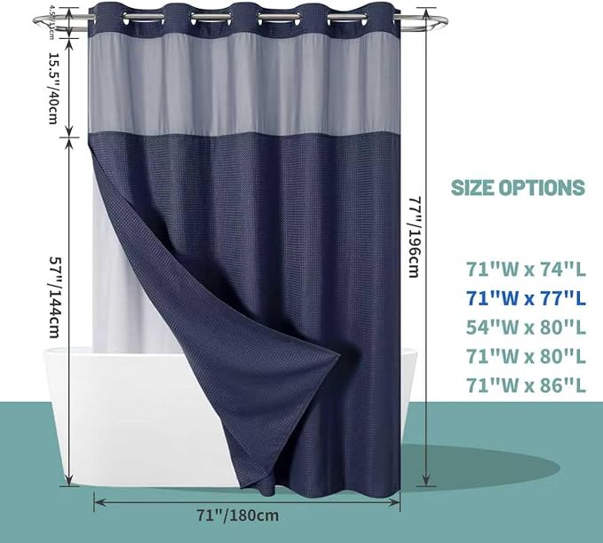 eachope Navy No Hook Waffle Weave Shower Curtain with snap-in Liner Replacement, 230GSM Waterproof Fabric Hotel Shower Curtain Set for Bathroom, Through Mesh Top Window,71Wx77H