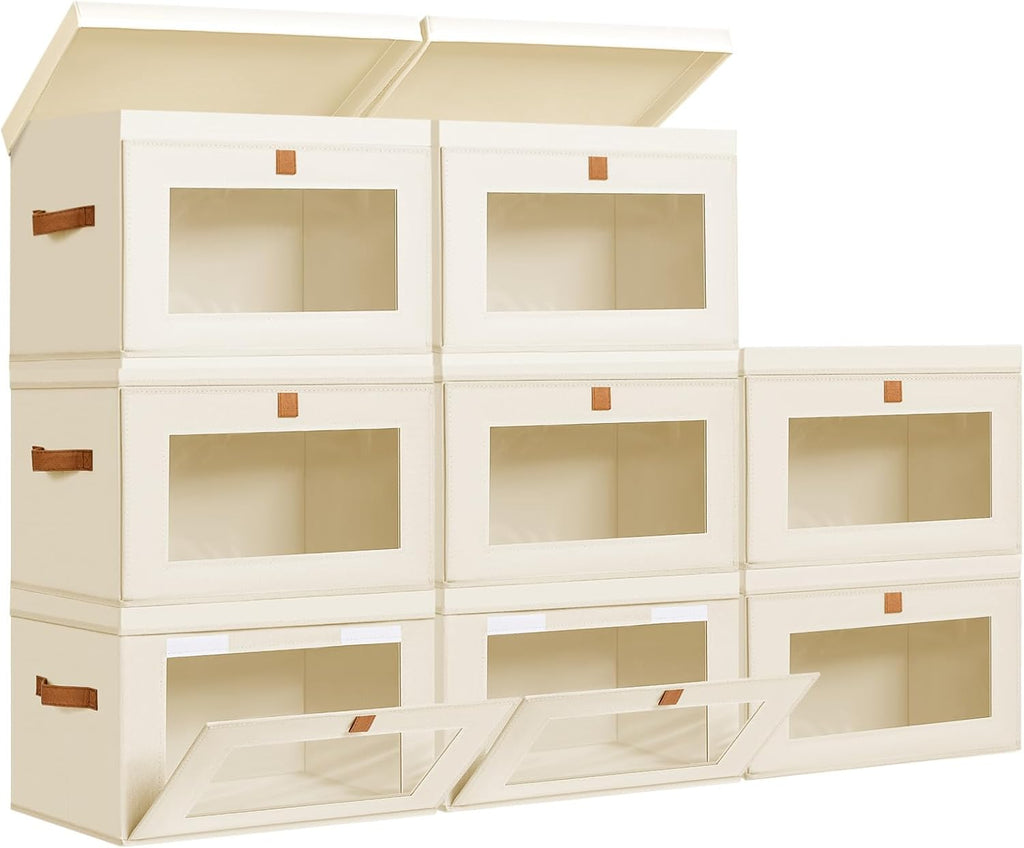 DIMJ Storage Bins with Lids - 8 Pack Large Fabric Closet Organizer with Window & Handles, Collapsible Decorative Storage Boxes for Shelves Under Bed, Books Clothes Blankets Sweaters Organization