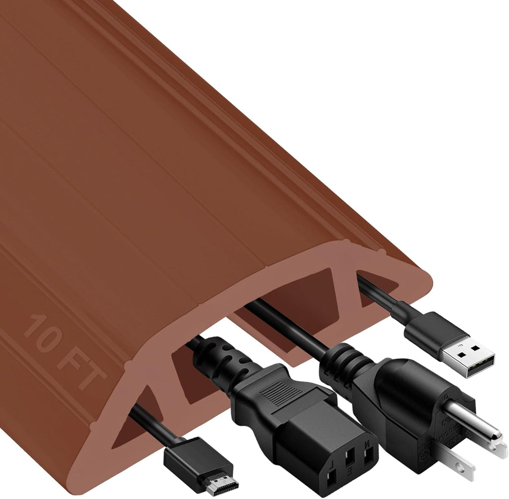MYFAMIREA 10FT Floor Cord Cover Heavy Duty Cable Cover Protector 3 Channels Extension PVC Floor Wire Cover Outdoor Cord Hider Management Cord Cover for Wire on Floor for Home Office Outdoor, Brown