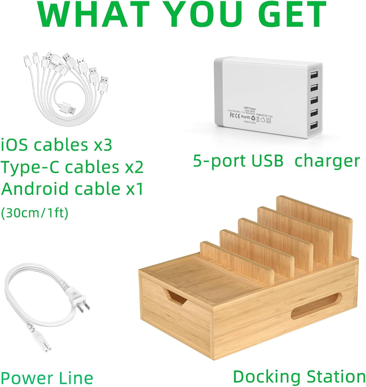 Bamboo Charging Station for Multiple Devices, Desktop Charger Organizer with Tray& Drawer, Wooden Docking Station for Smart Devices, Cell Phone, Tablet,Watch (Include 6 Cables, 5 Port USB Charger)