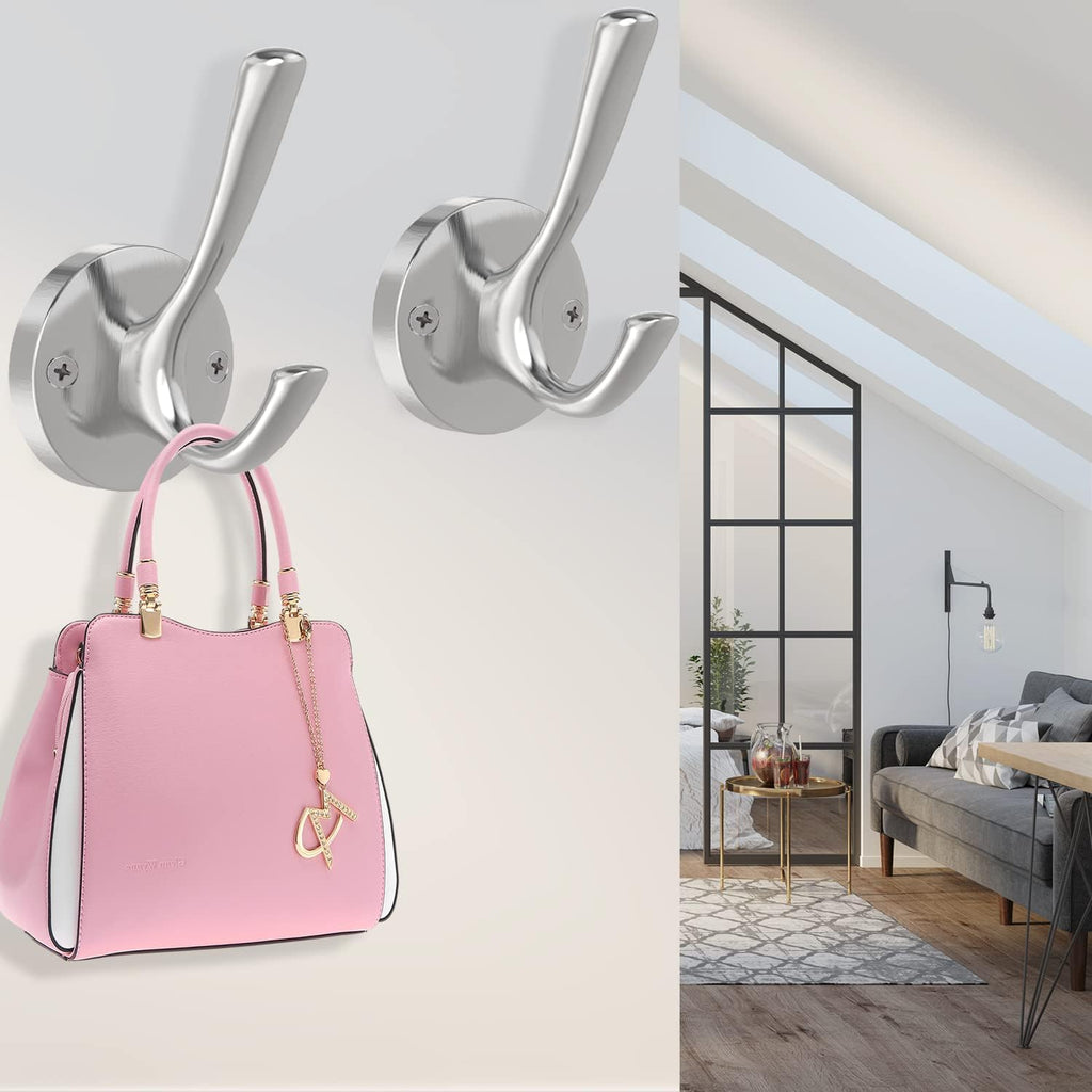 Brushed Nickel Wall Hooks, 6 Pack Coat Robe Hook Heavy Duty Metal Double Bath Hook Wall Mounted, Hand Towel Hooks for Cubicle Bathroom Kitchen Closet Garage