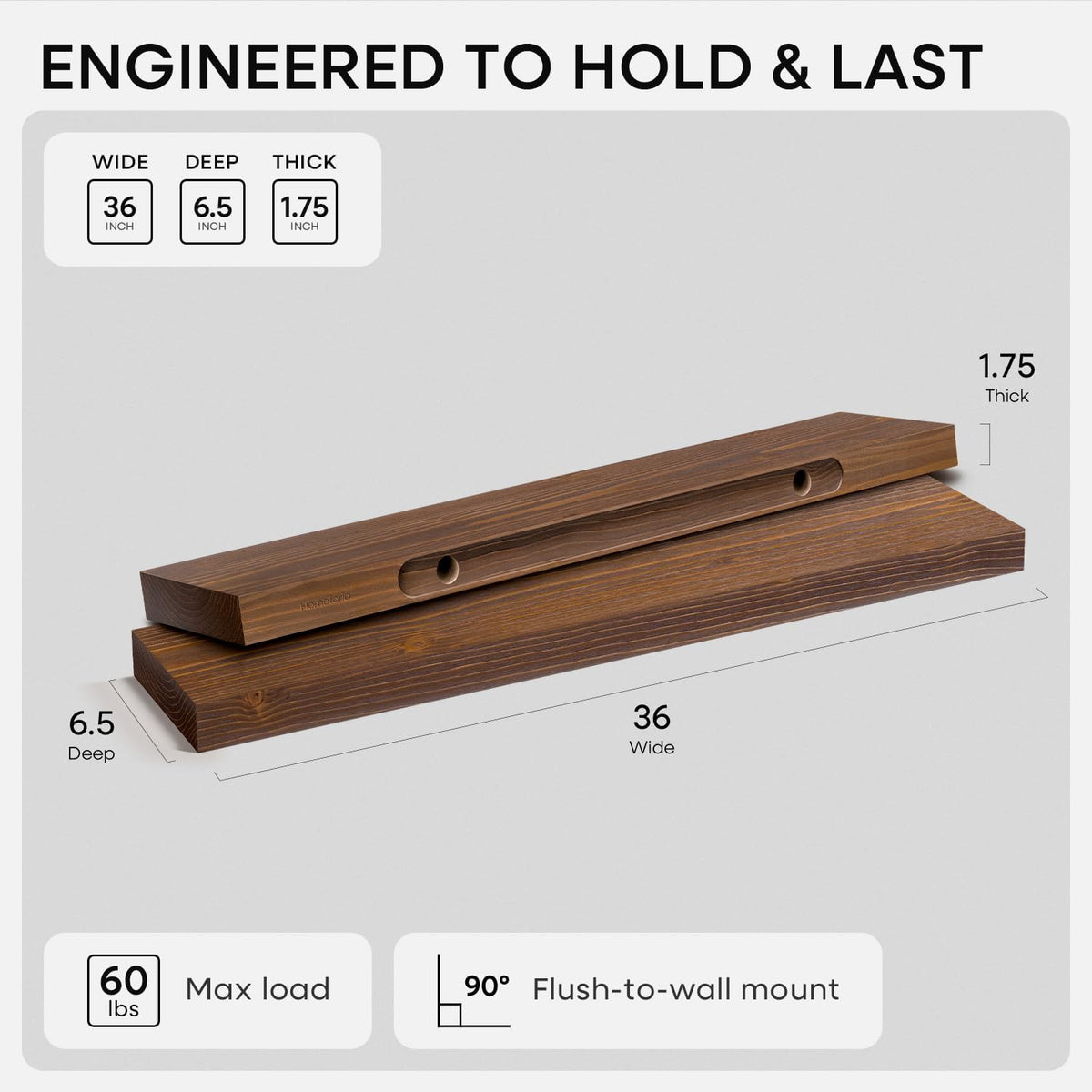 Homeforia Classic Walnut 36 inch Floating Shelf, High End Solid Real Wood Small 36inch Floating Shelves for Wall Mounted, 36in Floating Shelves, Heavy Duty Bracket, 36 X 6.5 X 1.75 inches, Set of 2