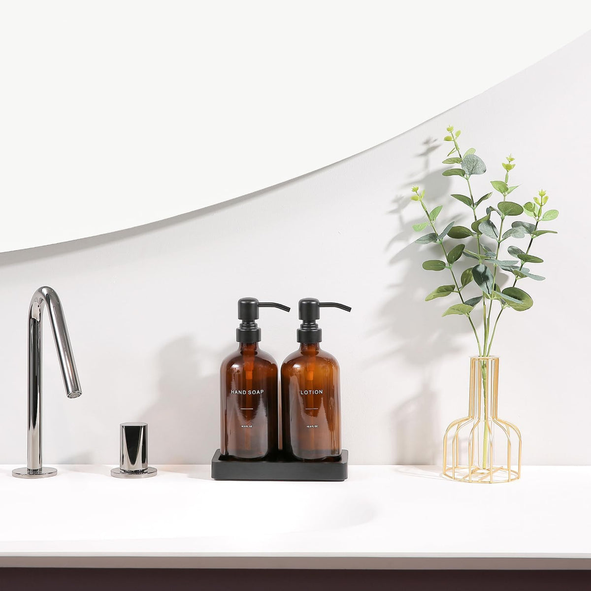 Amber Glass Soap Dispenser Set, Hand Soap and Lotion Set with Black Stainless Steel Pump, Perfect for Modern Bathroom Decor. (Amber)