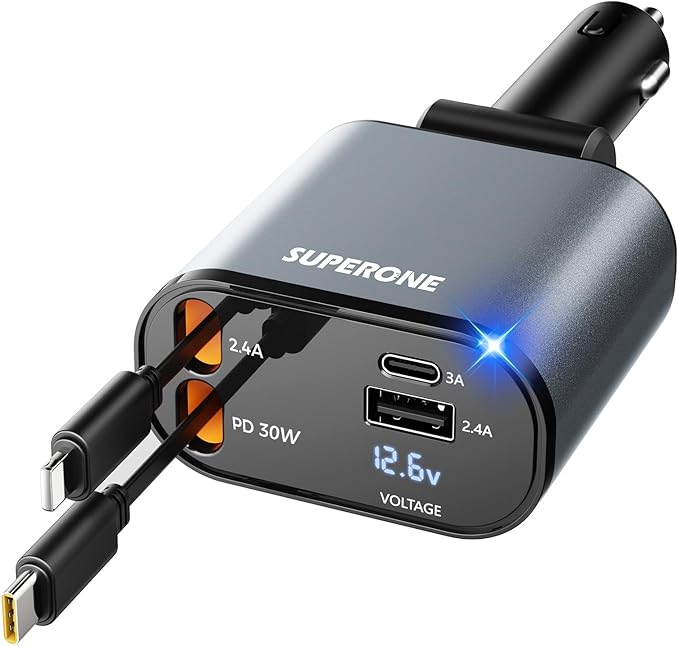 SUPERONE 【Upgraded】 Retractable Car Charger 4 in 1, Fast Car Phone Charger with Cord 2.6ft, USB C and Apple Car Charger Adapter, Compatible with iPhone 17 16 15/15 Pro Max/14/13/12/11, Galaxy, Pixel