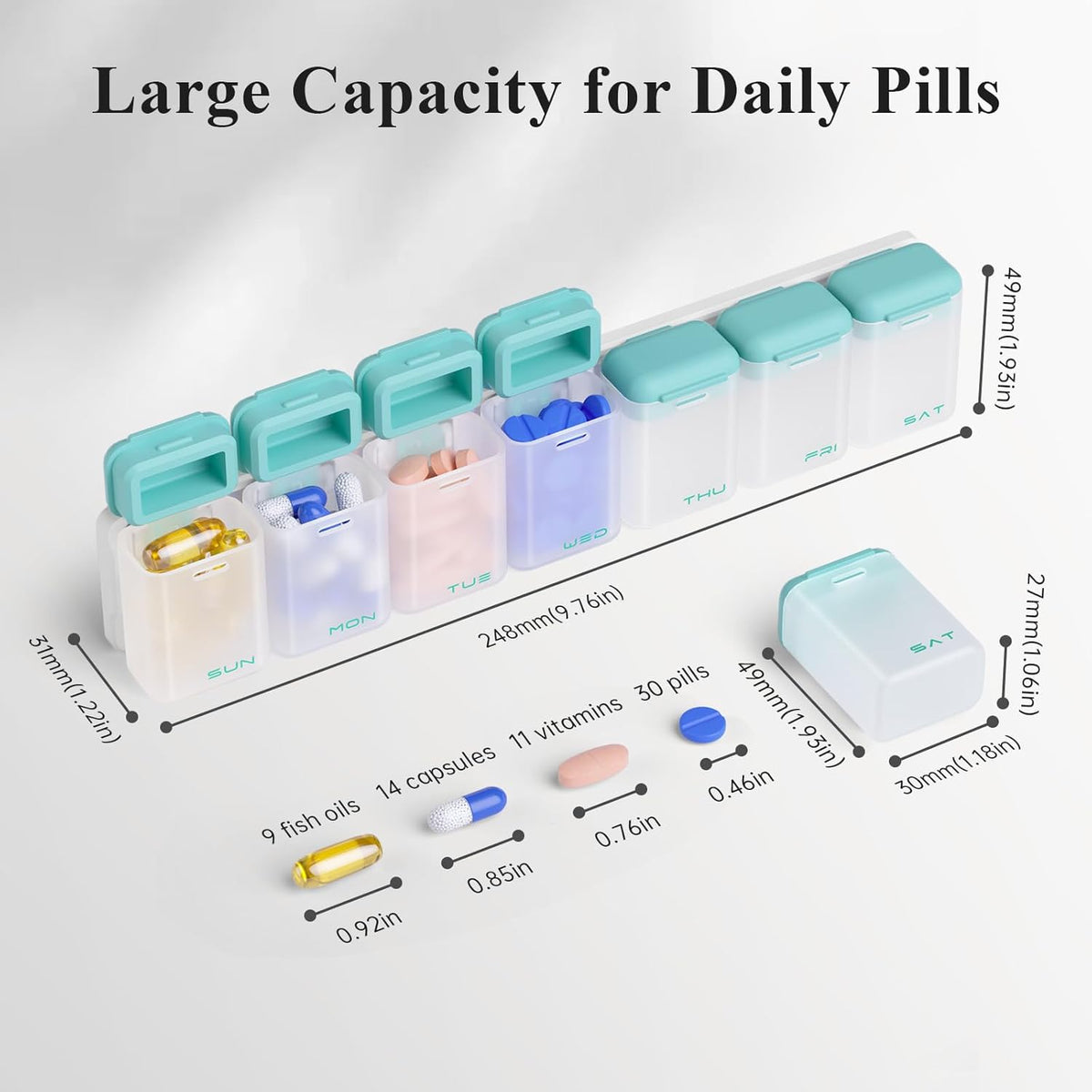 Weekly Pill Organizer Magnetic, Removable Pill Box 7 Day 1 Time a Day, Large Pill Case Travel, Week Once Daily Medication Dispenser, Medicine Container Holder for Supplement Vitamin, Cyan