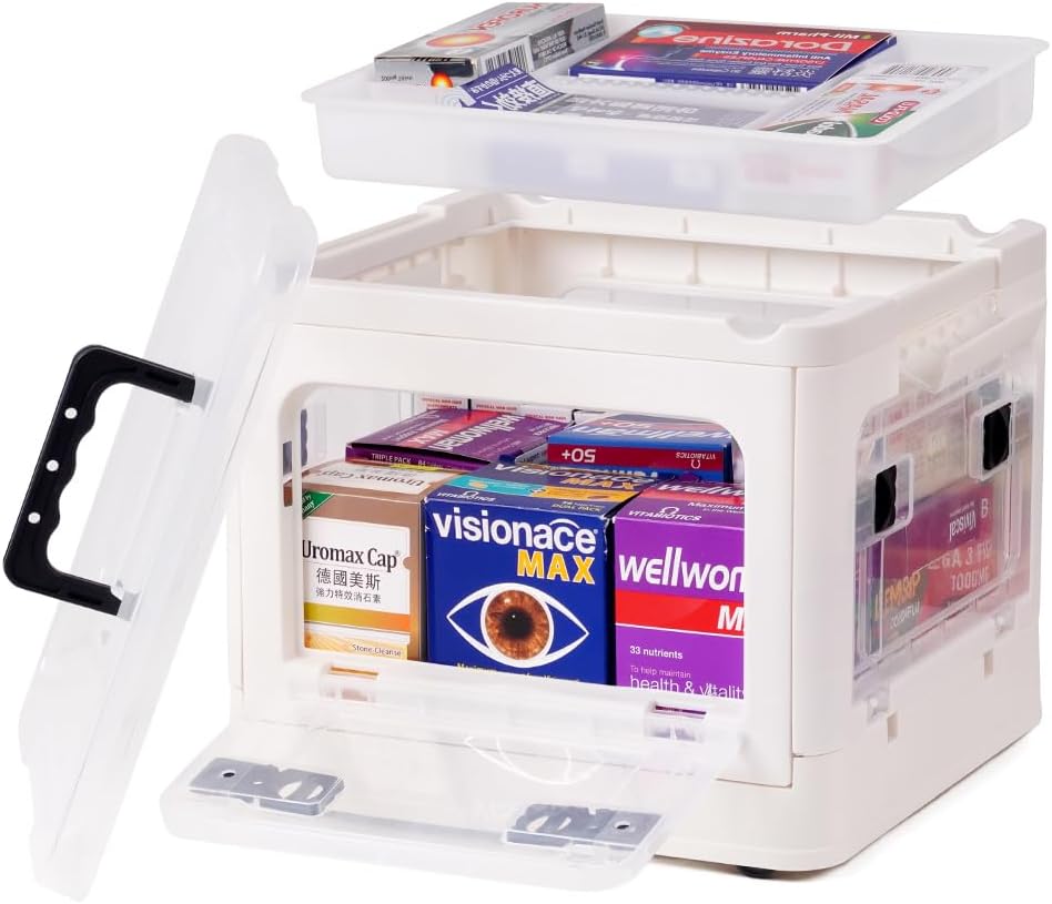 DOUKE 22qt Medicine Organizer Storage Box – Plastic First Aid Box Empty with Lid, Stackable Medical Container with Handle & Wheels, Sturdy BPA-Free Case with Tray for Medication & Supplies
