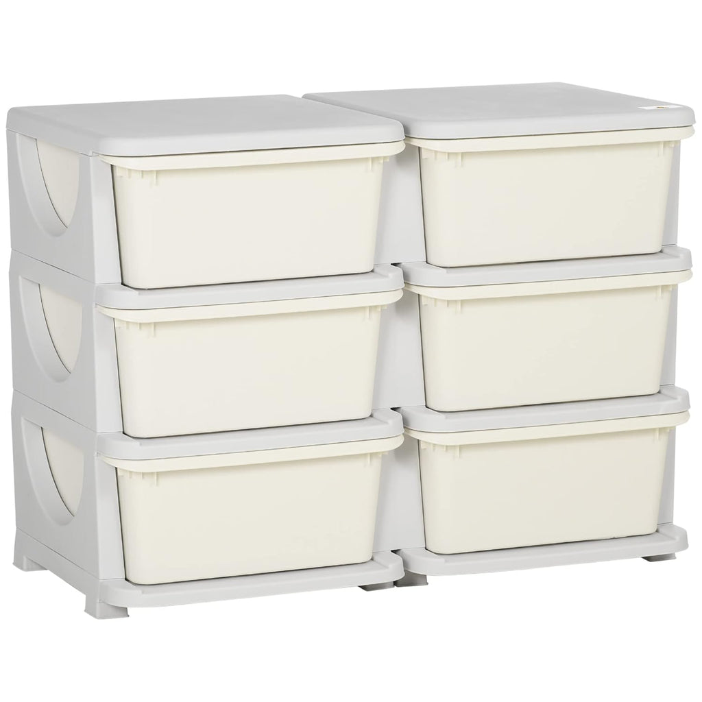 Qaba 3 Tier Kids Storage Unit, 6 Drawer Chest Toy Organizer Plastic Bins for Kids Bedroom Nursery Kindergarten Living Room for Boys Girls Toddlers, Cream White