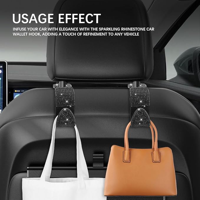 2PCS Car Seat Hooks, Purse Hook for Car, Crystal Rhinestone Vehicle Backseat Purse Holder, Auto Accessories Diamond Auto Seatback Storage Organizer Hanger for Handbag Clothes Purse (Black)