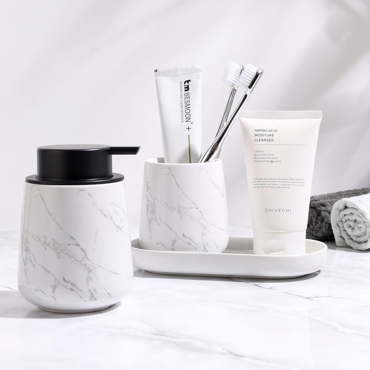 BosilunLife Bathroom Accessories Set 3 pcs - Bathroom Ceramic Foaming Soap Dispenser Set Farmhouse Marble Bathroom Decor, Foam Soap Dispenser and Toothbrush Holder/Tumbler Cup, Tray