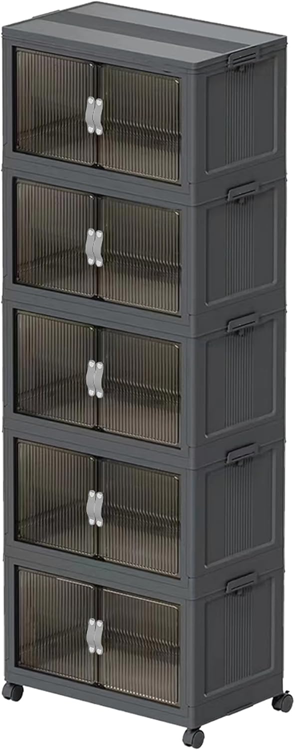 Stackable Storage Bins,164GAL Foldable Cabinet Storage Bins with Lid and Door, Collapsible Plastic Closet Organizers, Folding Multi-Use Containers for Home, Pantry, Office (L, Gray 5-Tier)