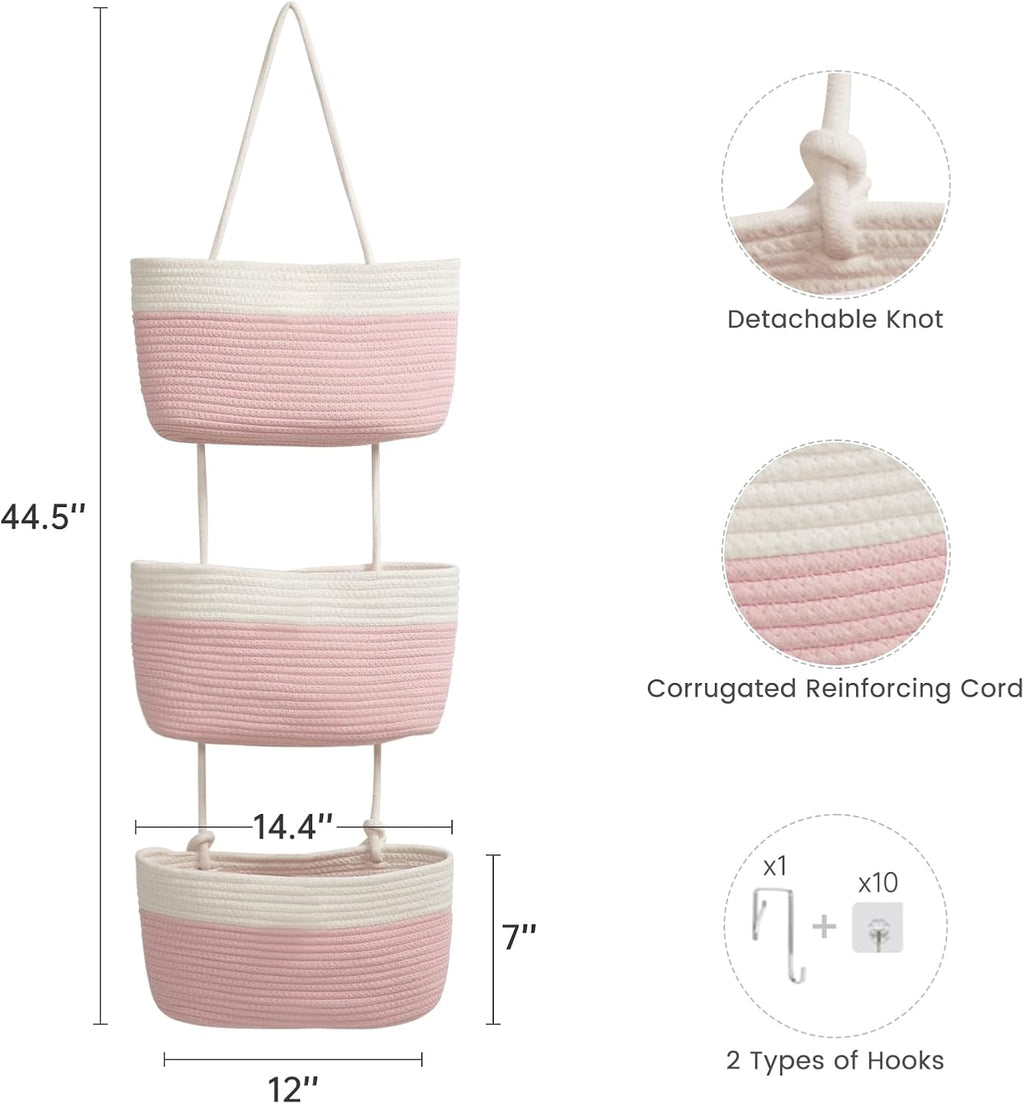 TeoKJ Over the Door Organizer, 3-Tier Woven Cotton Hanging Kitchen Baskets Storage Organizer Bag with Hooks Wall-Mounted Decorative Rope Baskets - Pink+White