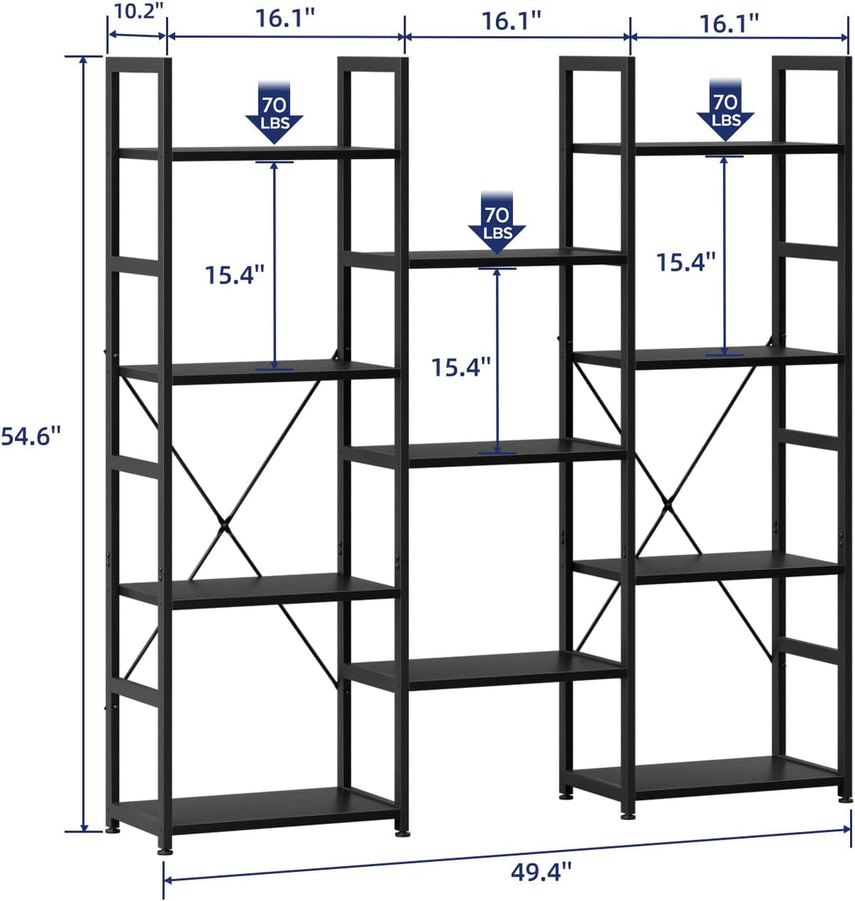 NUMENN Triple Column 4 Tier Bookshelf, Bookcase with 11 Open Display Shelves, Adjustable Rustic Industrial Style Book Shelves, Modern Bookshelves for Bedroom, Living Room and Home Office, Black