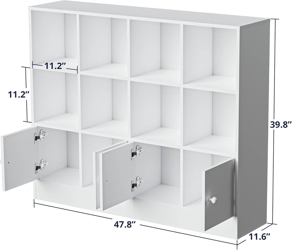 Cozy Castle White Wood Bookcase,12 Cube Storage Organizer Bookshelf with 4 Doors,3 Tier Storage Cabinet with Adjustable Shelves for Bedroom, Living Room, Office