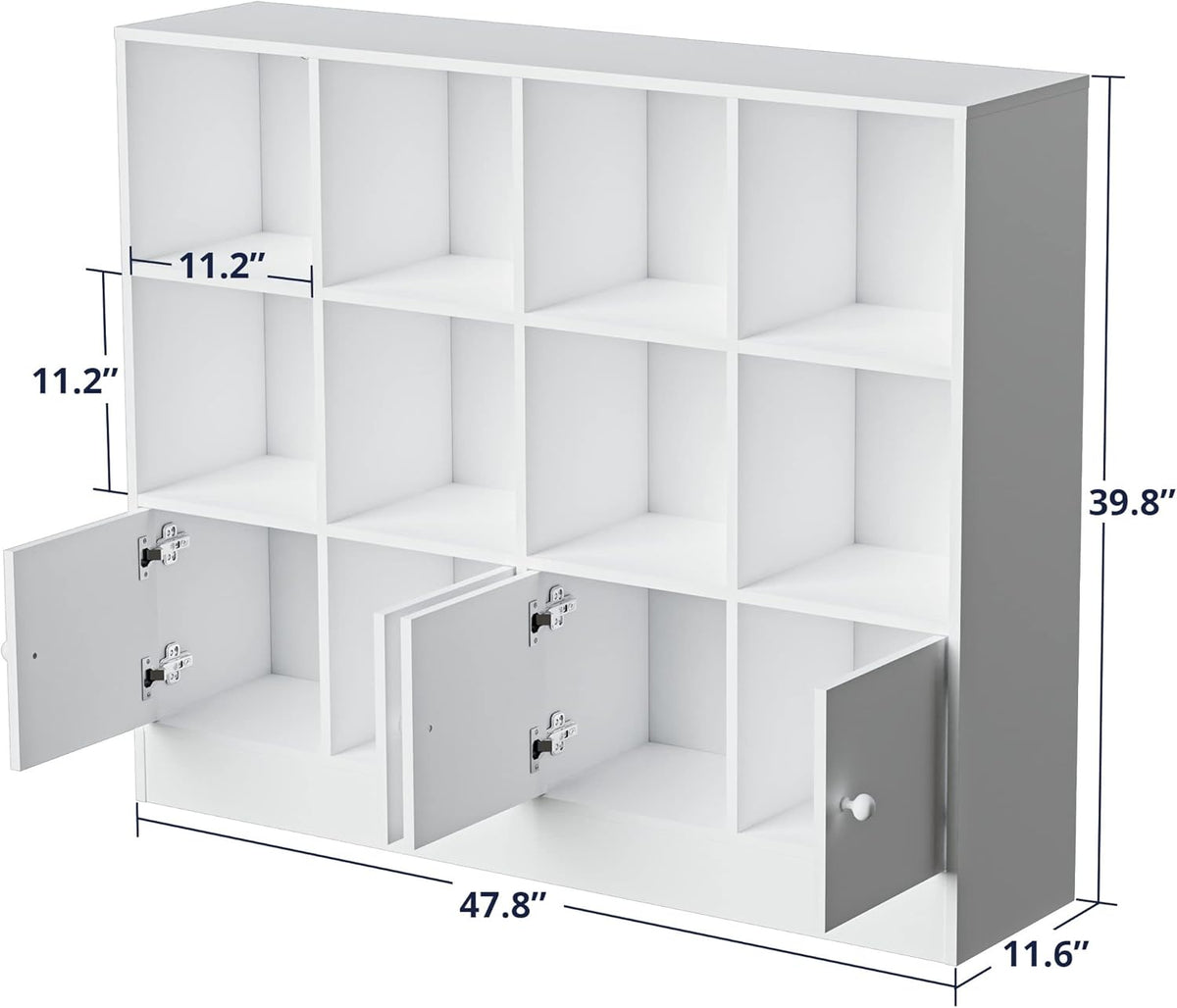 Cozy Castle White Wood Bookcase,12 Cube Storage Organizer Bookshelf with 4 Doors,3 Tier Storage Cabinet with Adjustable Shelves for Bedroom, Living Room, Office