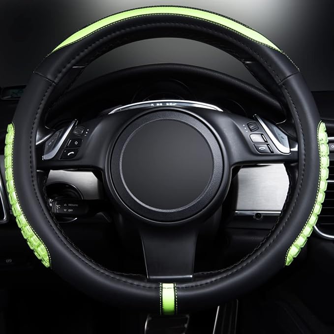 Flying Banner car Steering Wheel Cover Gel Massage Velvet Cool Warm Universal Size 15 inches SUV Truck Anti Slip Odorless Summer Winter (Black Mint Green, Gel Massage)