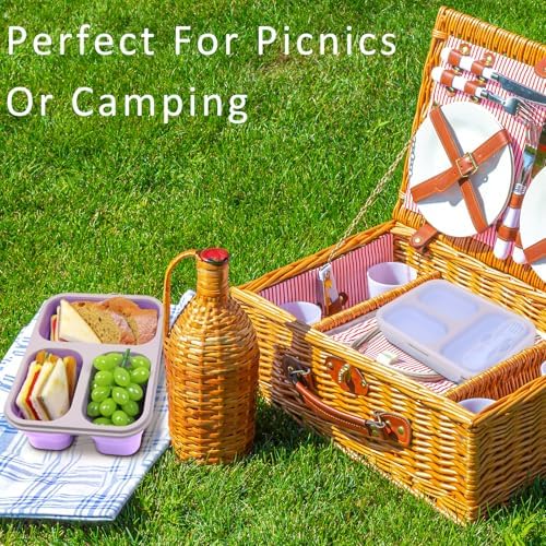 Large Collapsible Silicone Bento Lunch Box, 2 Pack with 3 Compartments Each,45.6oz Food Storage Containers with Spoons Forks, Portable for Work, Picnic, Travel, BPA Free（Blue+ Purple）