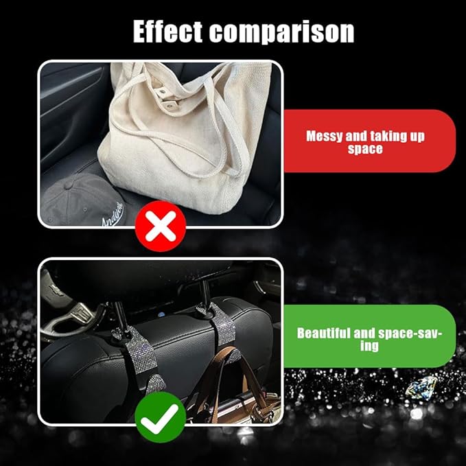 2PCS Car Seat Hooks, Purse Hook for Car, Crystal Rhinestone Vehicle Backseat Purse Holder, Auto Accessories Diamond Auto Seatback Storage Organizer Hanger for Handbag Clothes Purse (White)