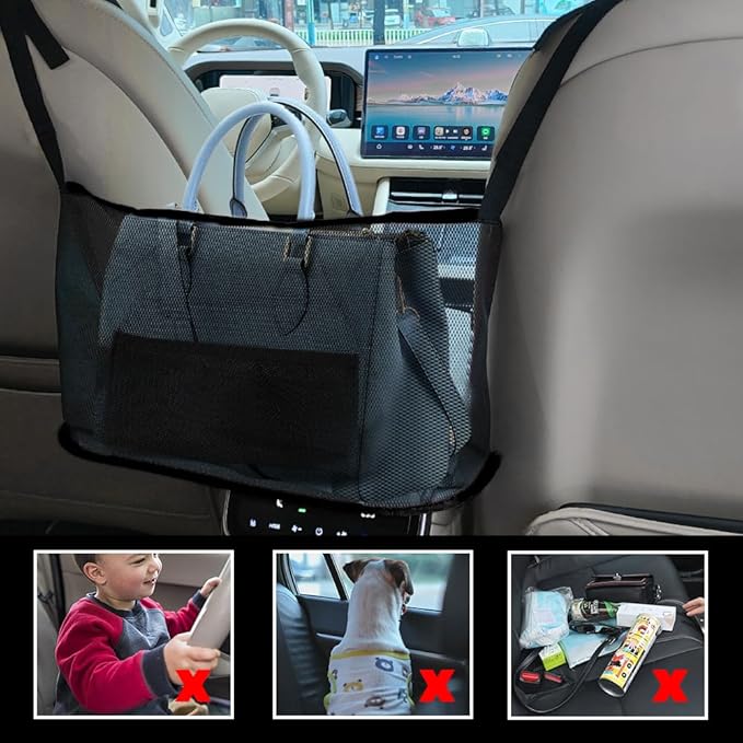 Car Net Pocket Handbag Holder, Purse Holder for Car, Driver Storage Netting Pouch for Handbag Purse, Mesh Vehicle Storage Organizer Between Front Seats Universal for SUV Truck RV (Black)