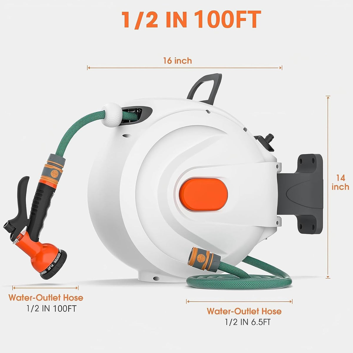 Retractable Garden Hose Reel 1/2 Inch x 100ft Wall Mounted, Auto Lock & Slow Retraction System, 8-Function Spray Nozzle, 180° Swivel Bracket, Heavy Duty Metal & PVC Construction (White, 100ft)