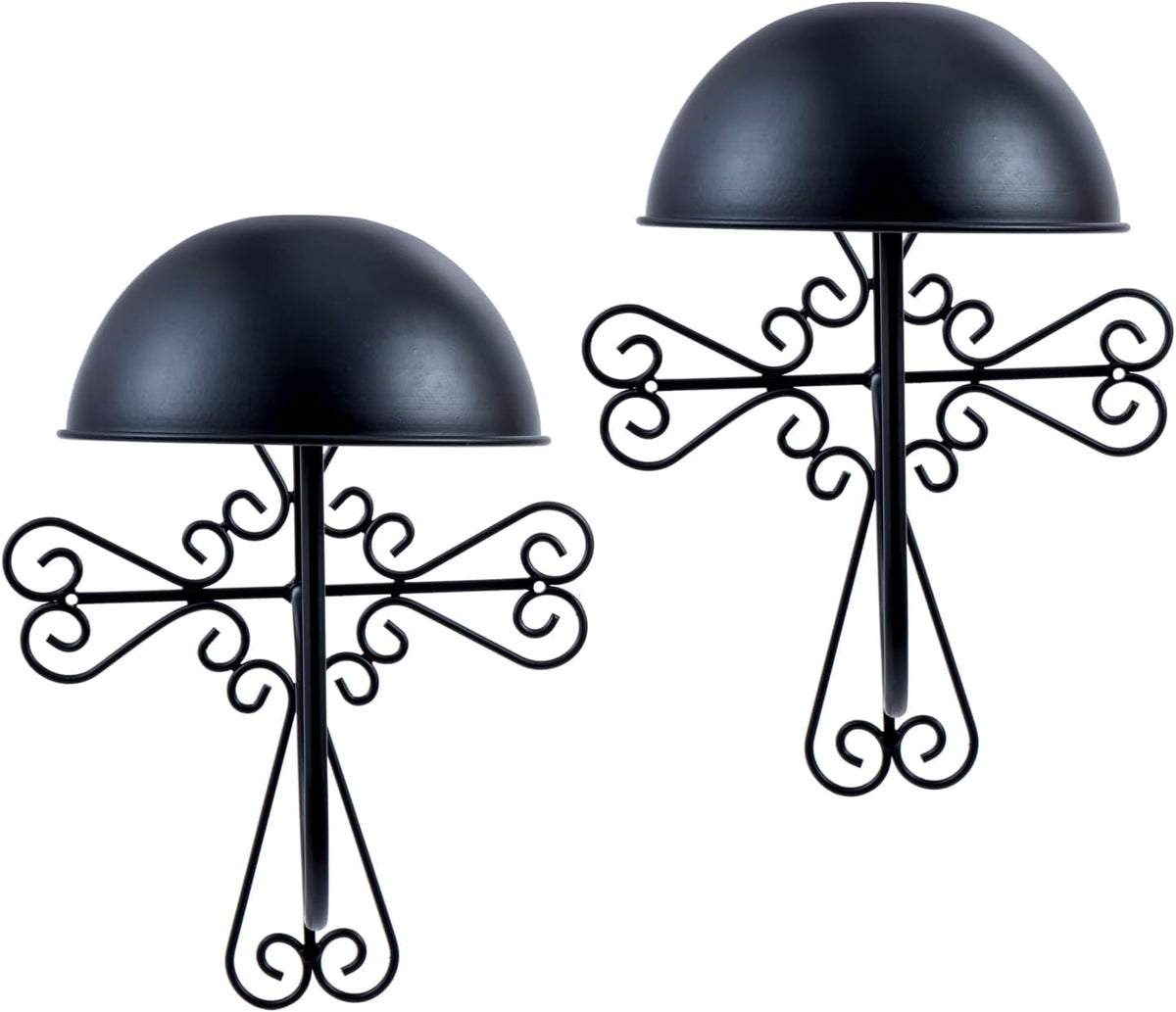 MyGift 2 Pcs Vintage Hat Holder Rack Wall Mount, Helmet and Large Brim Hat Holder, Hanging Black Metal Wig Display Dome, Scrollwork Cross Style