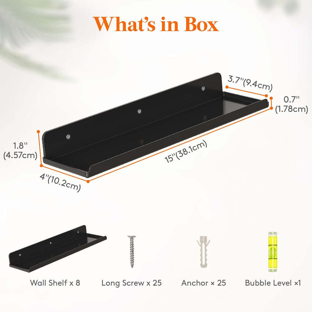 Lifewit Floating Shelves for Wall, 8 Pack Black Acrylic Shelf 15" Room Decor for Bookcase/Vinyl Record Display/Photo/Picture in Bedroom, Living Room, Bathroom, Kitchen Storage and Organization