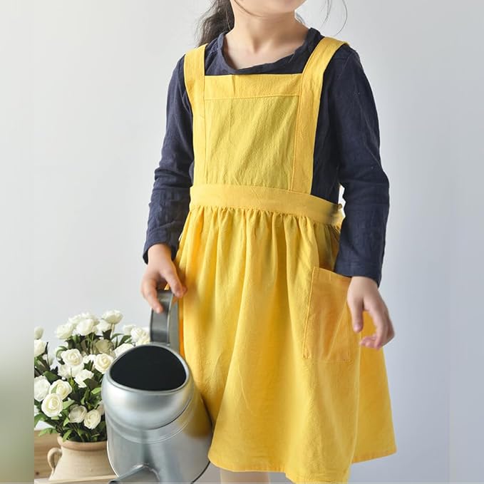 OBEEII Kids Aprons for Cooking Cotton Linen Children Baking Kitchen Gardening Painting Apron Pinafore Dress with Pockets
